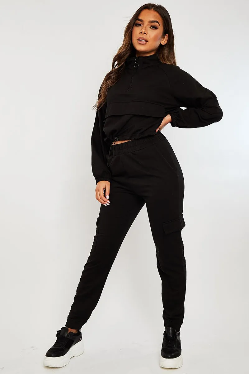 Black Front Pocket Cargo Jumper and Joggers Loungewear Set - Naziya