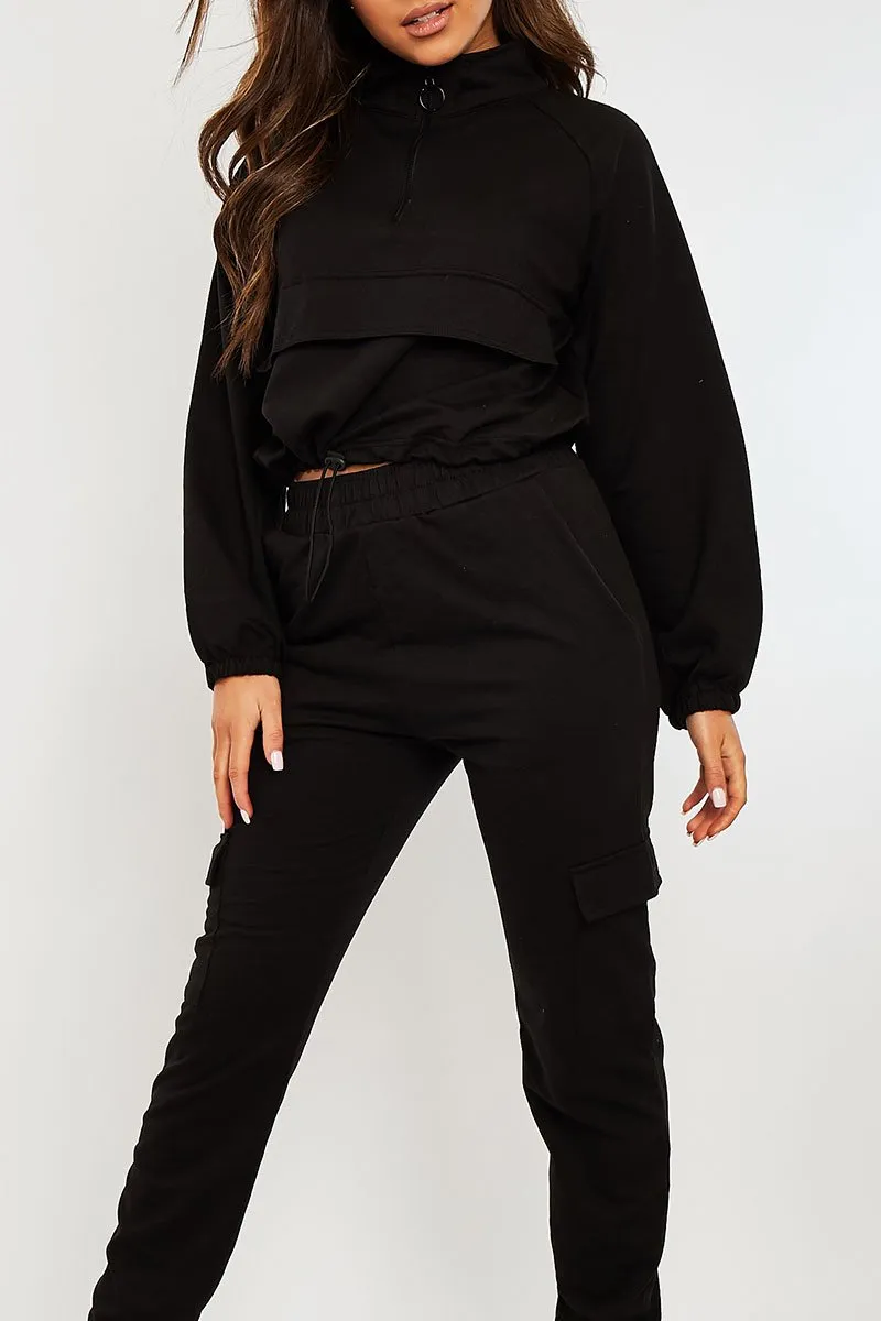 Black Front Pocket Cargo Jumper and Joggers Loungewear Set - Naziya