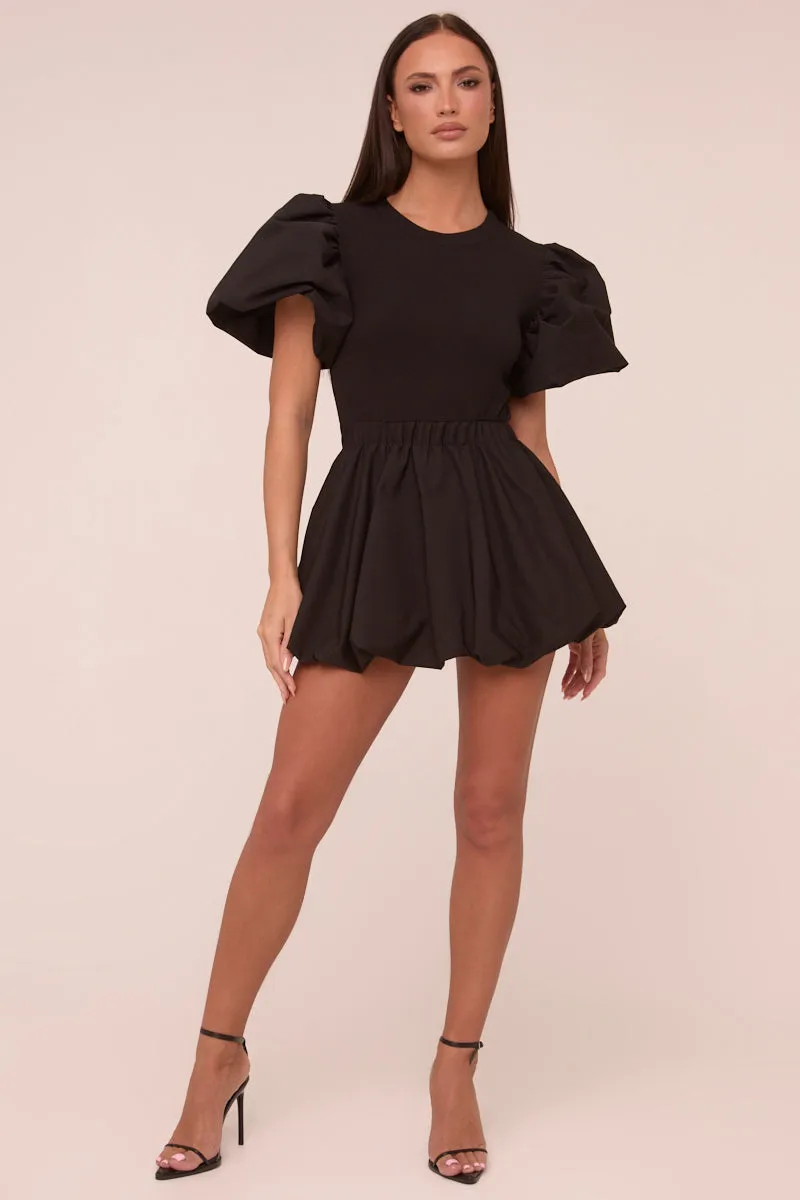 Black Puffball Hem Short Sleeves Mini Dress - Aldora