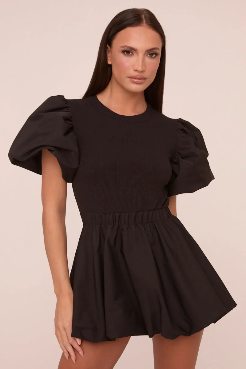 Black Puffball Hem Short Sleeves Mini Dress - Aldora