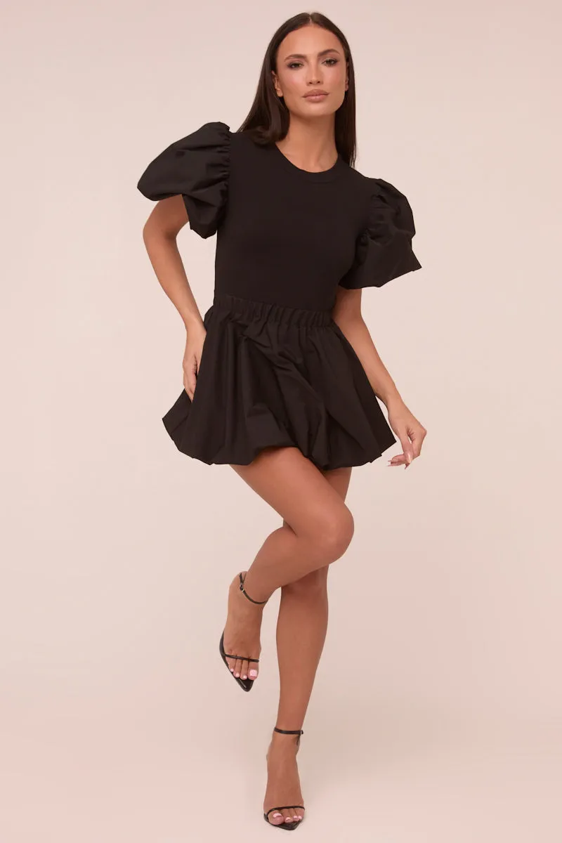 Black Puffball Hem Short Sleeves Mini Dress - Aldora