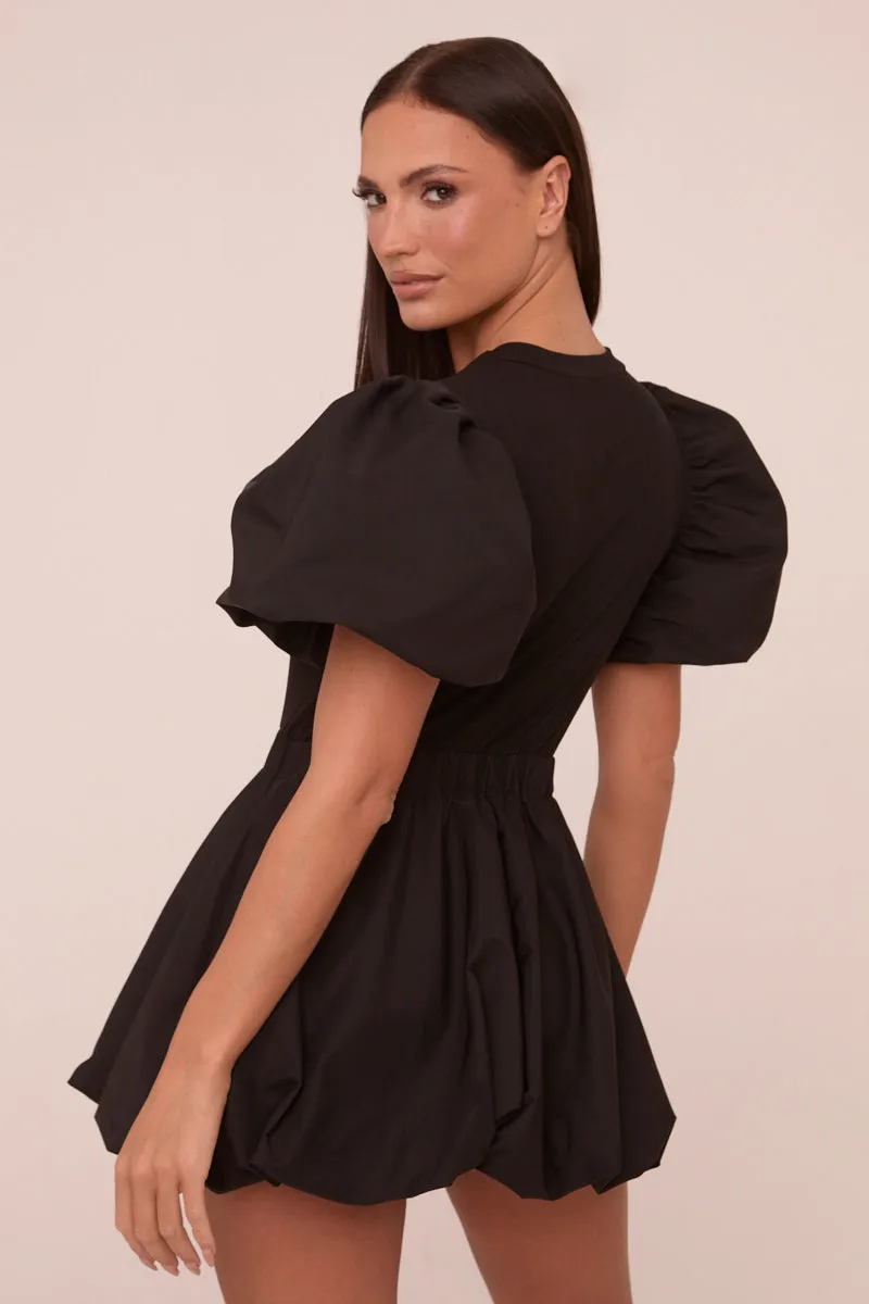 Black Puffball Hem Short Sleeves Mini Dress - Aldora