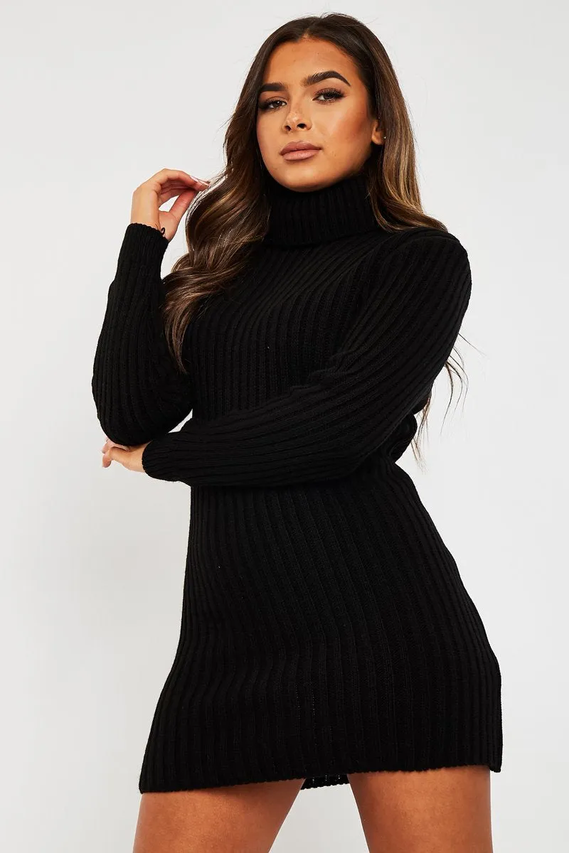 Black Roll Neck Knit Mini Dress - Franceska