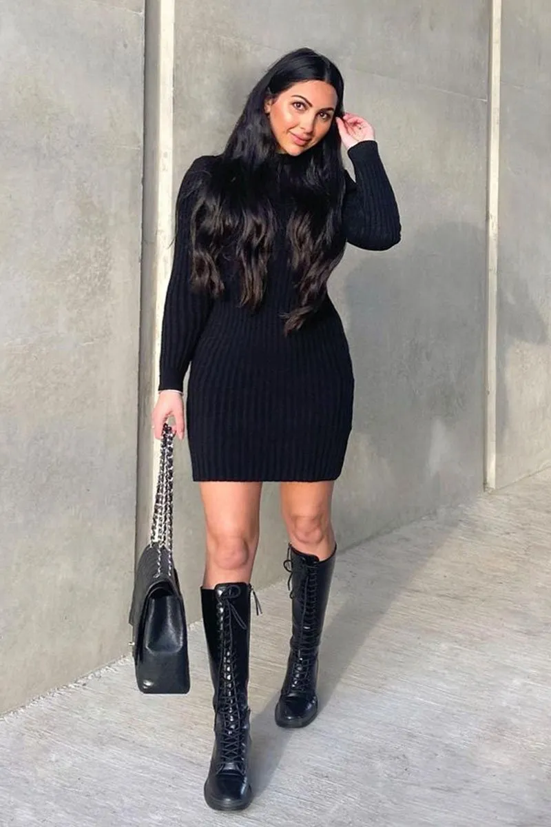 Black Roll Neck Knit Mini Dress - Franceska