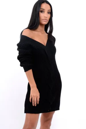 Black V Neck Twist Knit Jumper Dress - Tilly