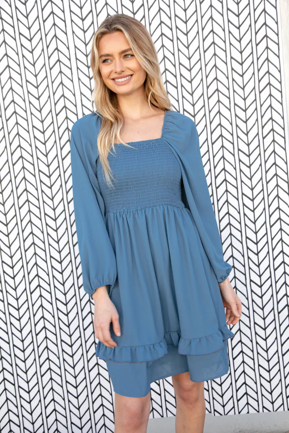 Blue Wool Dobby Square Neck Smocked Dress