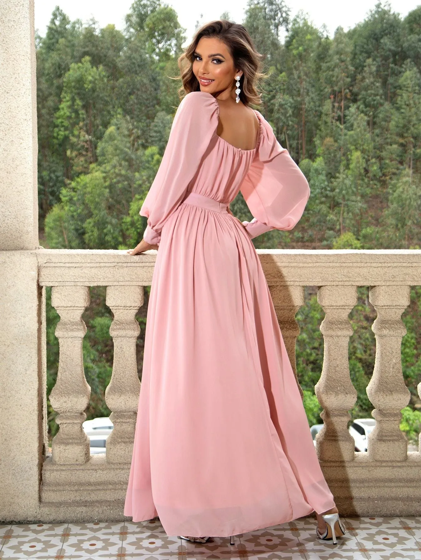 Blush Pink Long Sleeve Flowing Maxi Dress