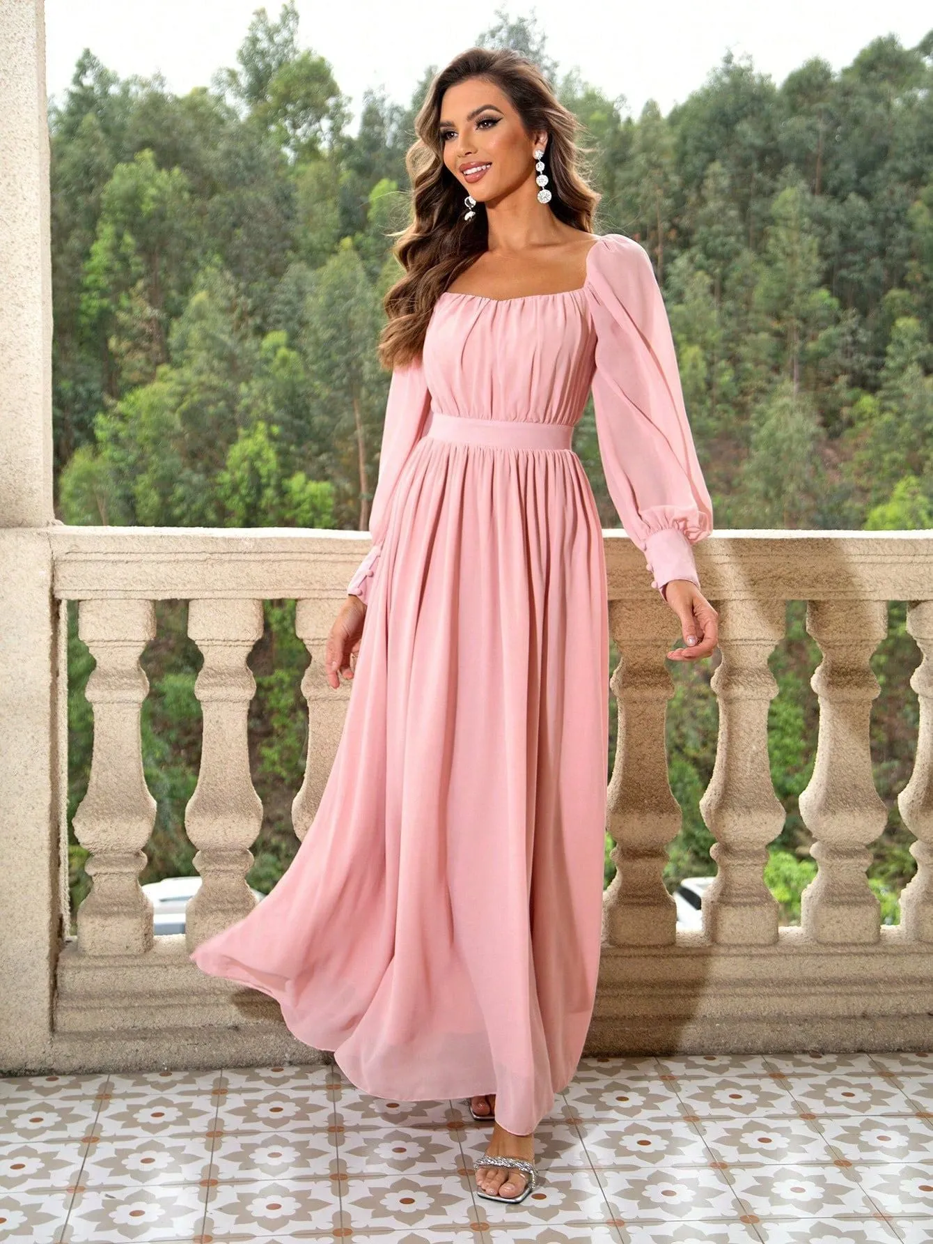 Blush Pink Long Sleeve Flowing Maxi Dress