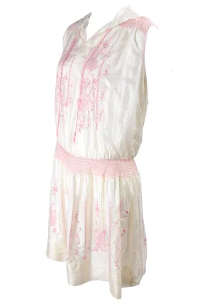 Bohemian 1920s Vintage Dress in Ivory Silk With Pink Embroidery