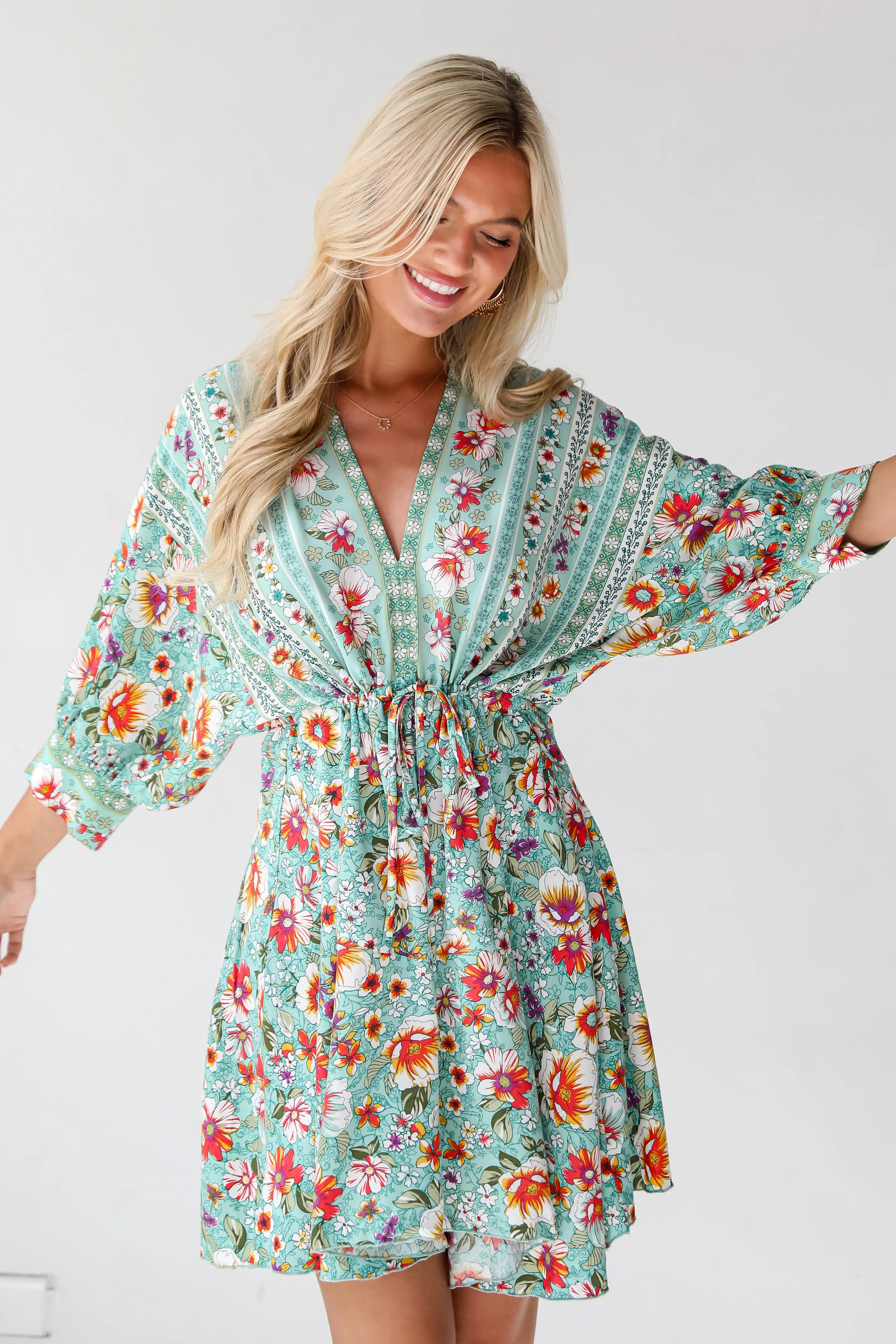 Bohemian Sun Jade Floral Mini Dress