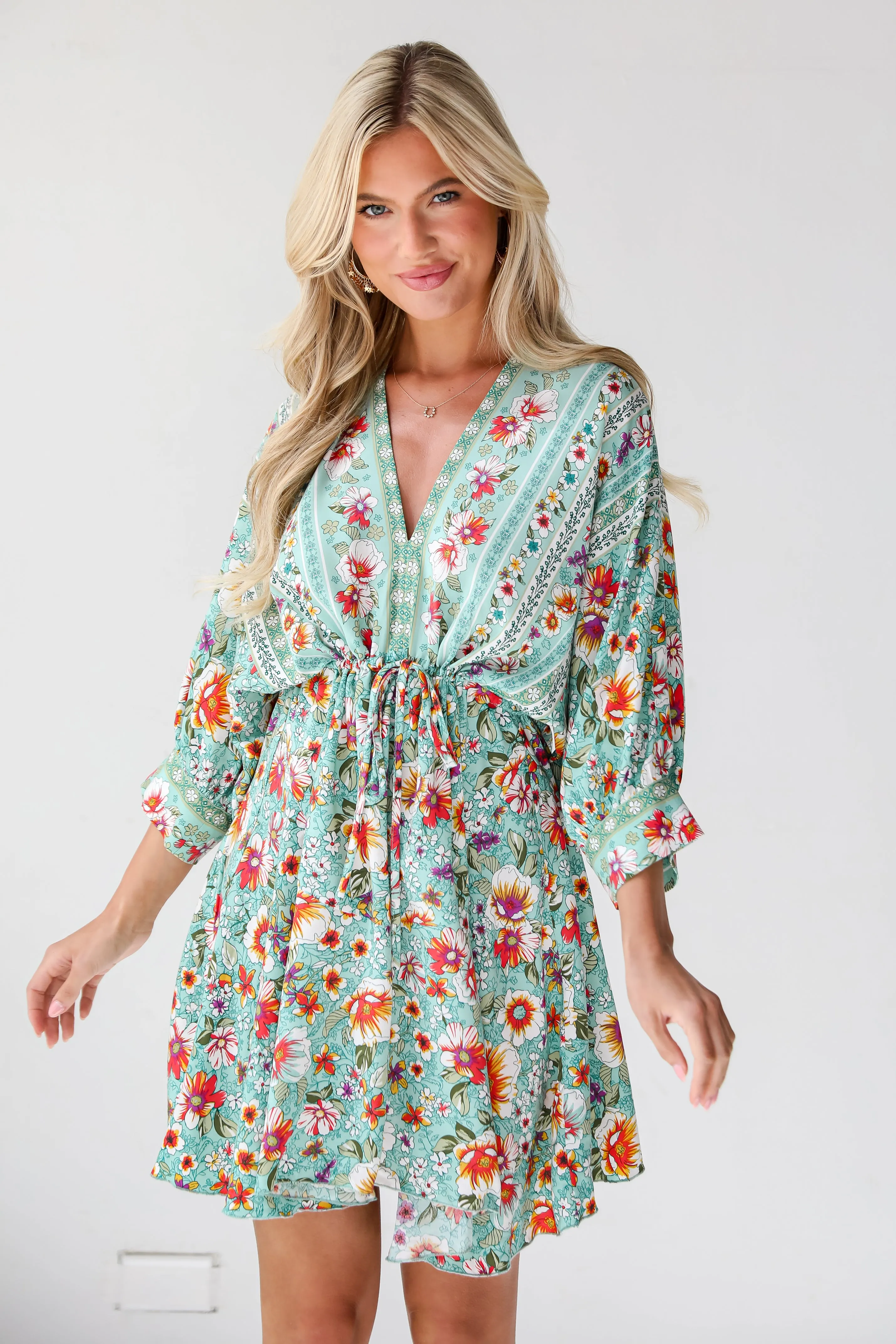 Bohemian Sun Jade Floral Mini Dress