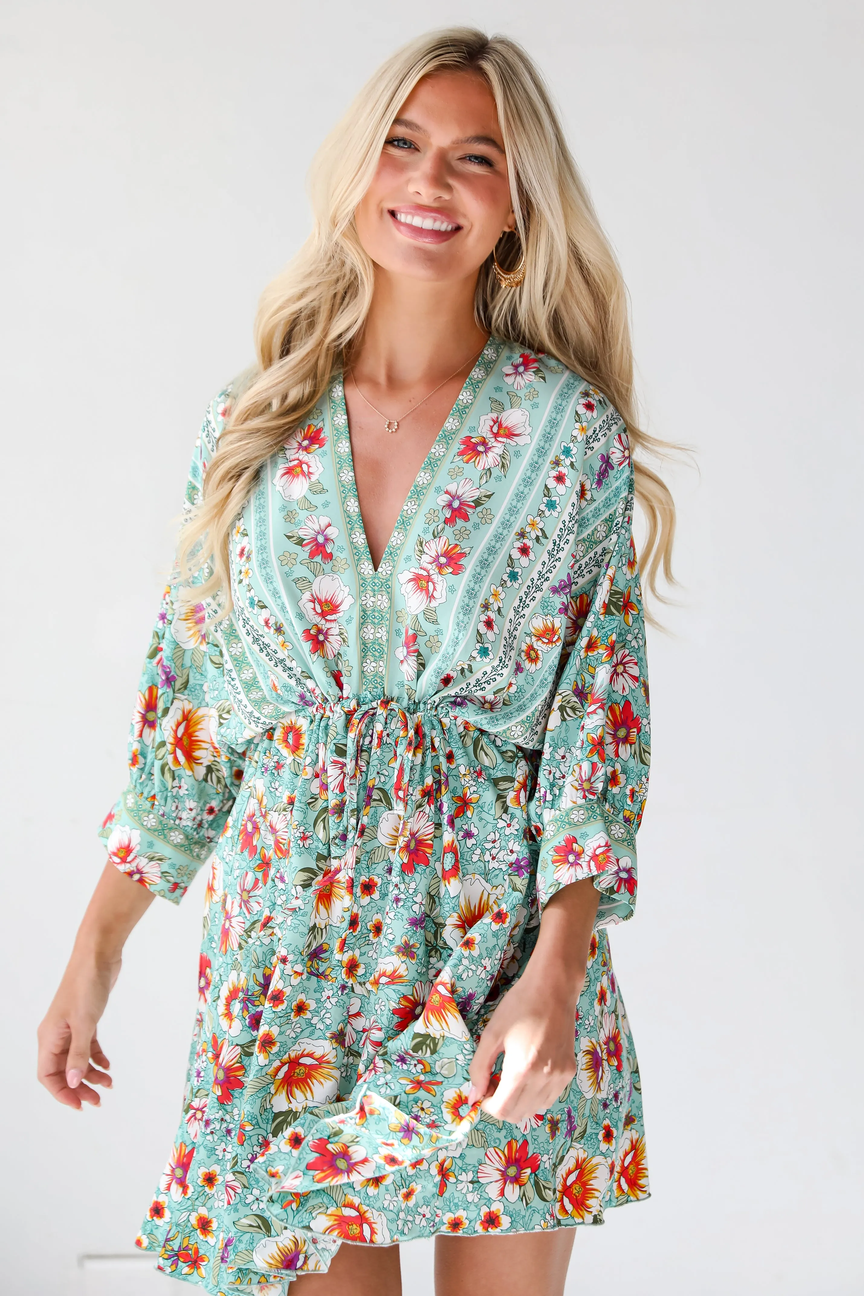 Bohemian Sun Jade Floral Mini Dress