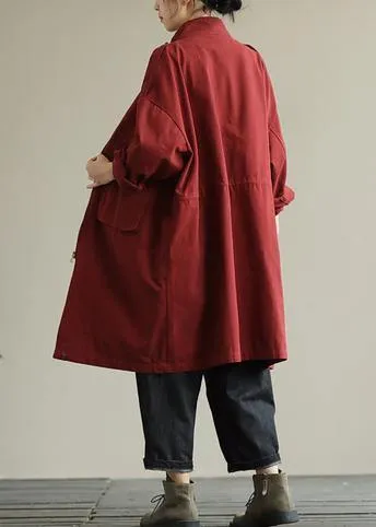 Bohemian zippered pockets fine fall Coats Women red baggy coat