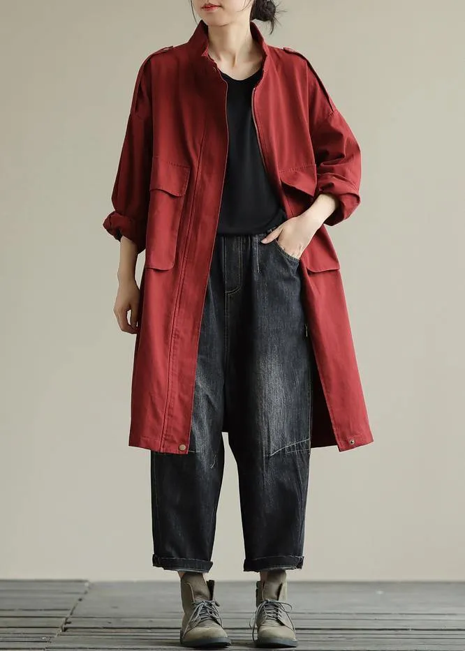 Bohemian zippered pockets fine fall Coats Women red baggy coat