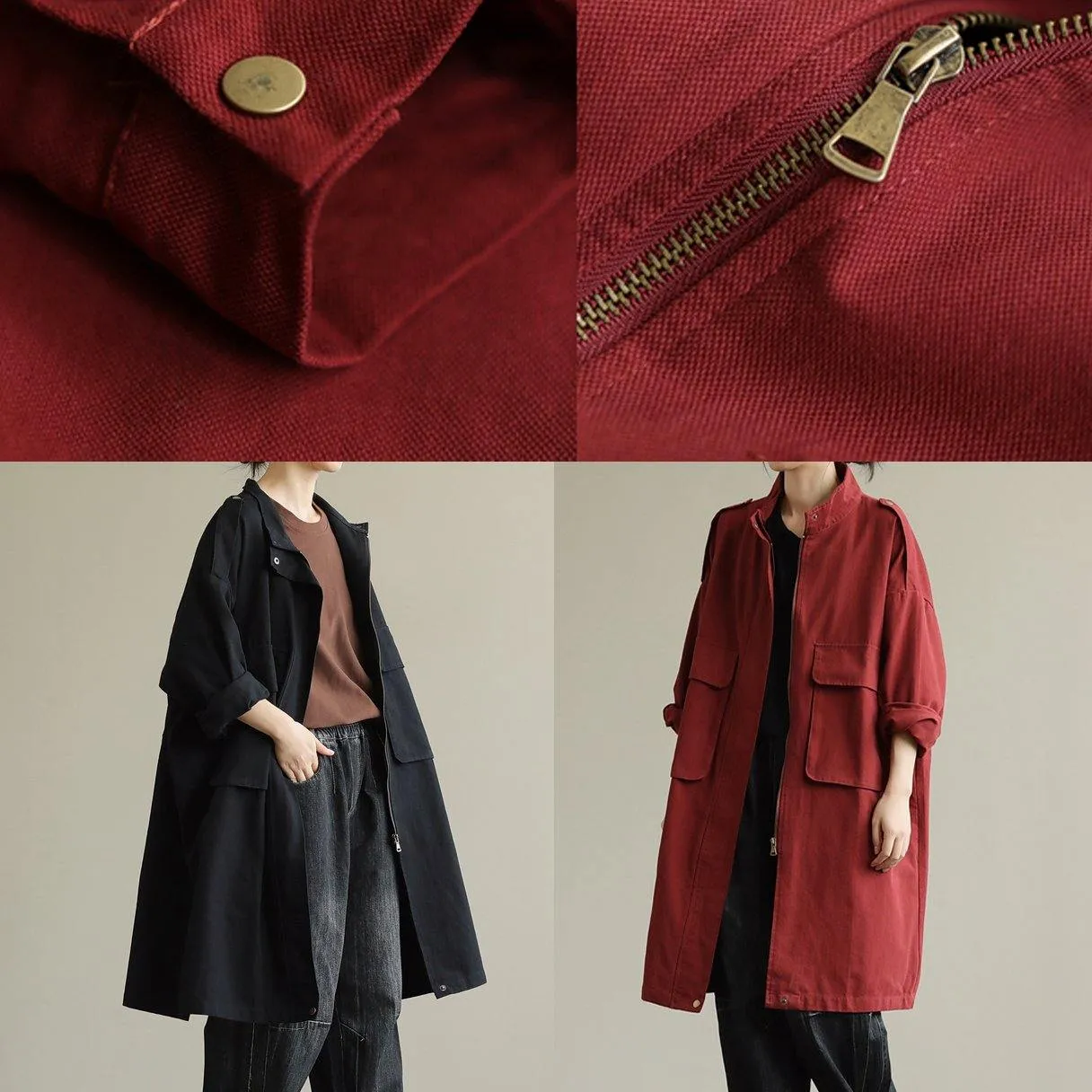 Bohemian zippered pockets fine fall Coats Women red baggy coat