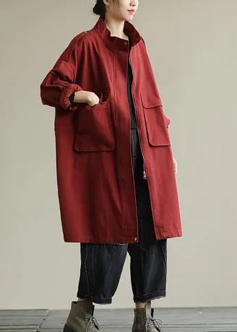 Bohemian zippered pockets fine fall Coats Women red baggy coat