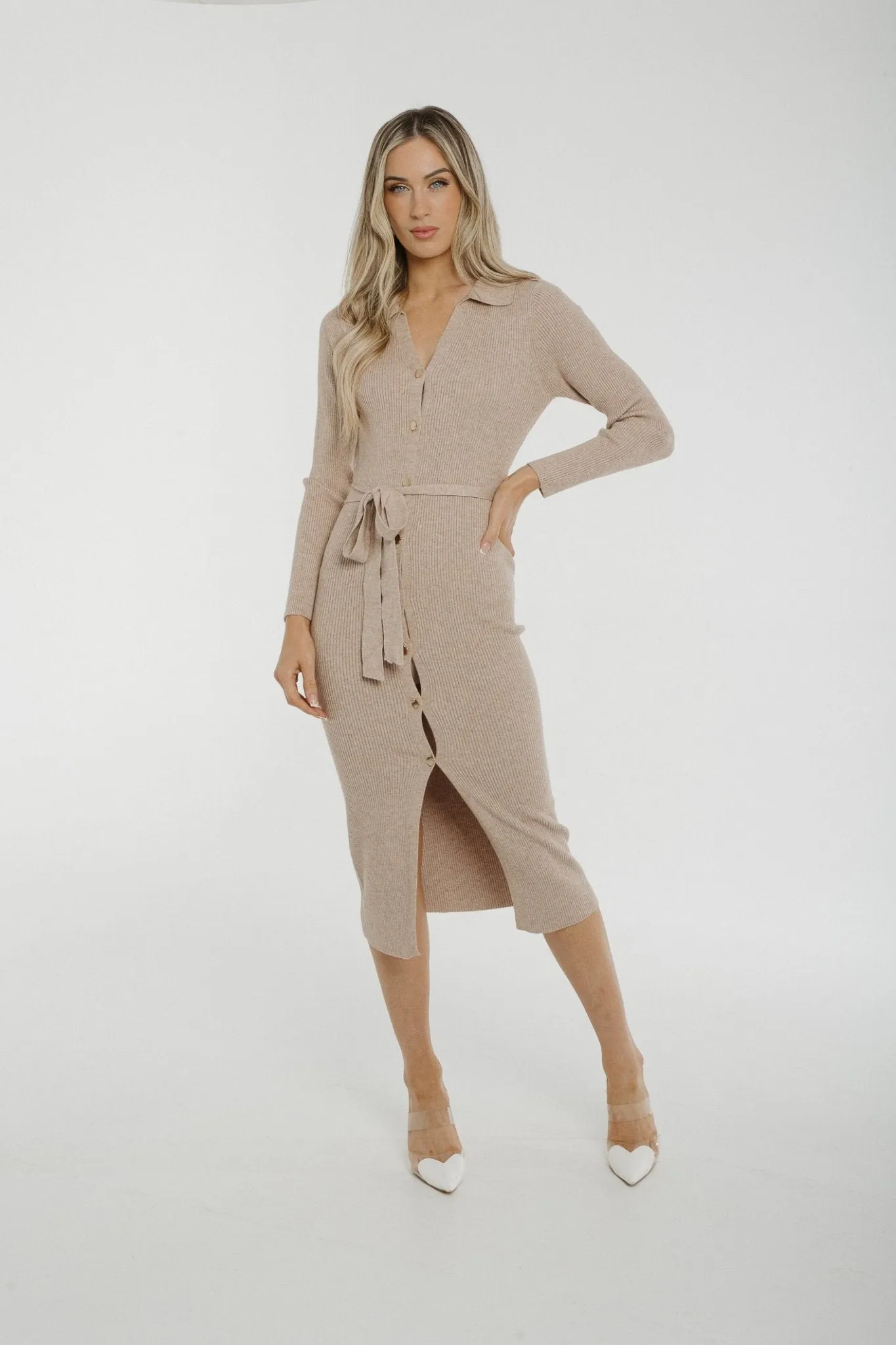 Caitlyn Button Front Ribbed Midi Dress In Oatmeal