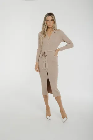 Caitlyn Button Front Ribbed Midi Dress In Oatmeal