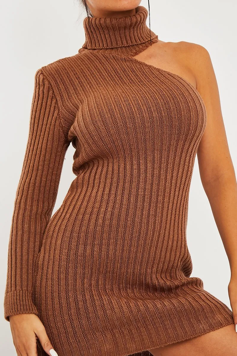 Camel One Shoulder High Neck Knit Mini Dress - Elien