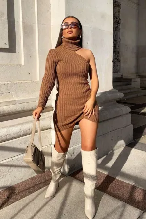 Camel One Shoulder High Neck Knit Mini Dress - Elien