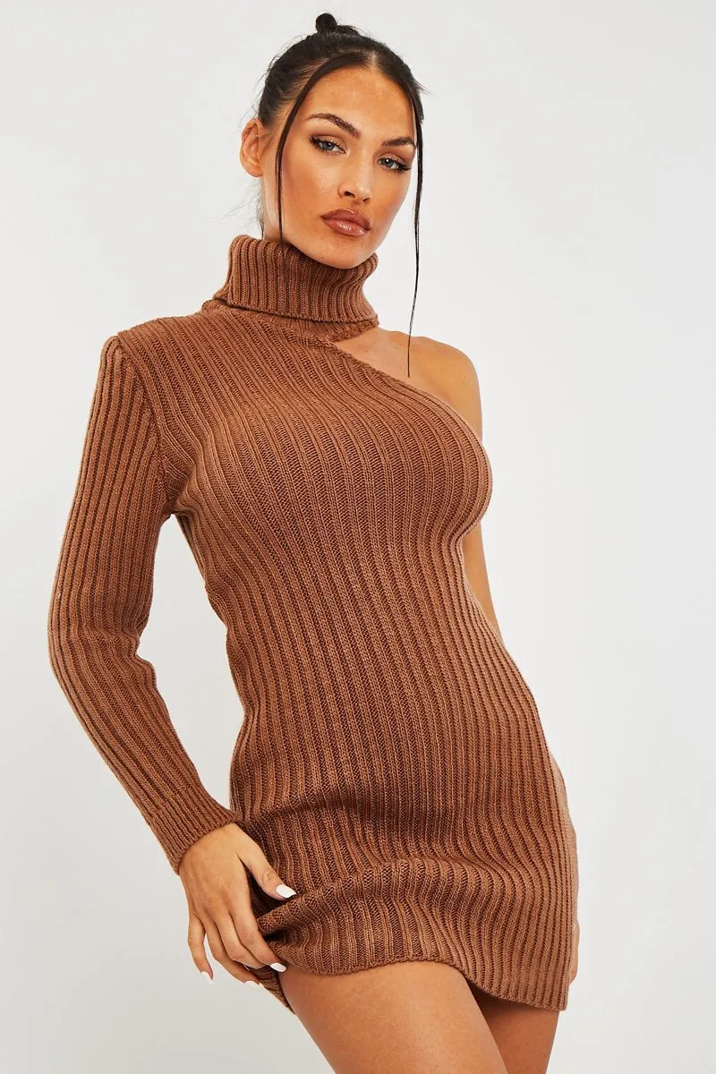 Camel One Shoulder High Neck Knit Mini Dress - Elien