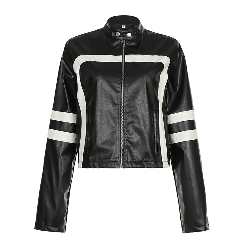 Chic Fashion Stripe Stitched PU Leather Jacket Female Streetwear Zip Up Coat Autumn Winter Moto Style Jackets Outfits