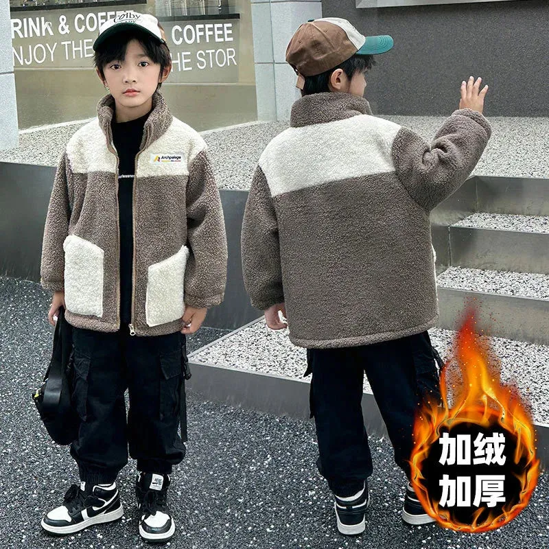 Children LambWool Warm Outerwear Boys Girls Autumn Winter Jackets Kids Plus Velvet Outer Clothing New Fashion Casual Coats