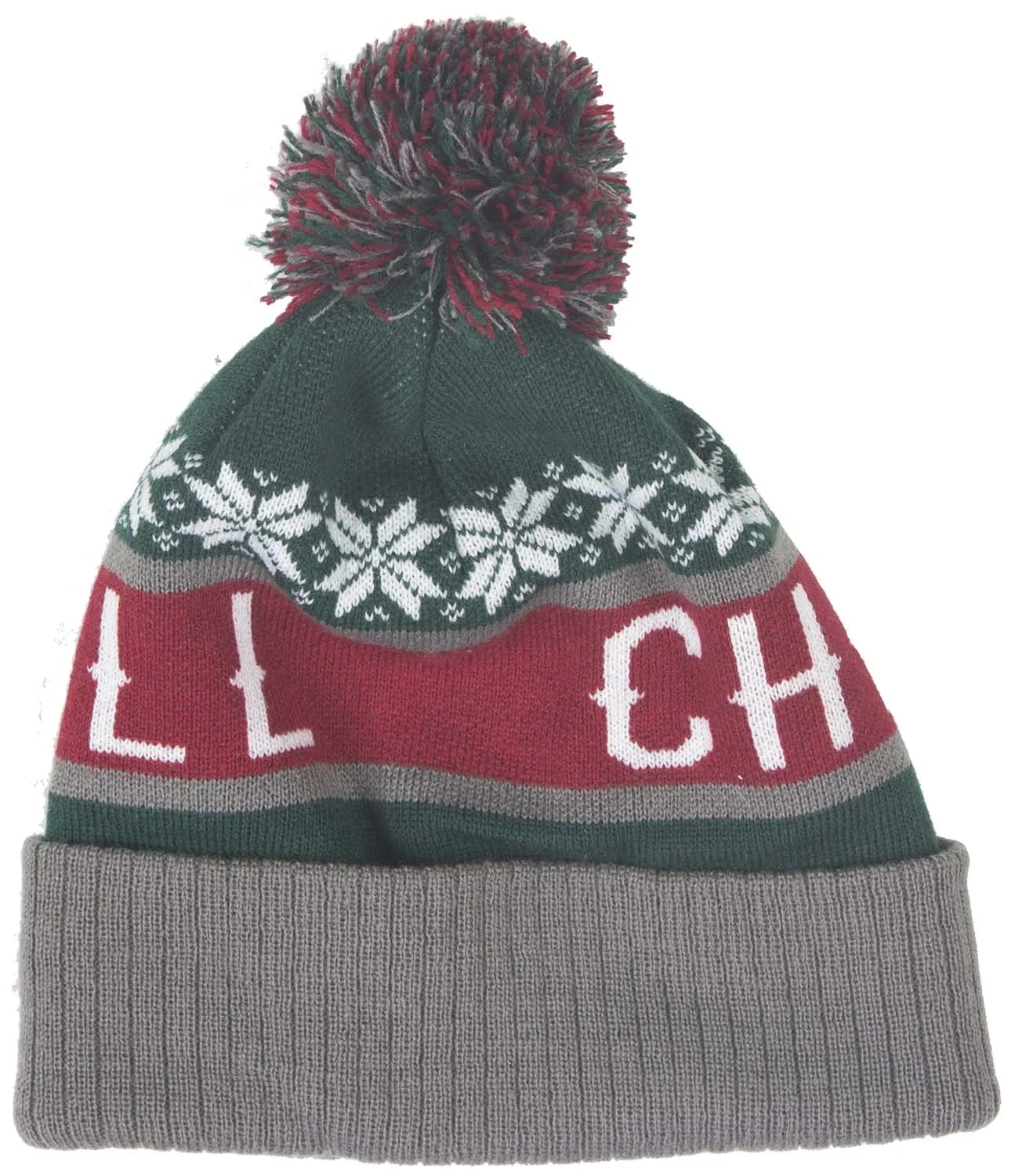 CHILL green and red knit cuff beanie with pom