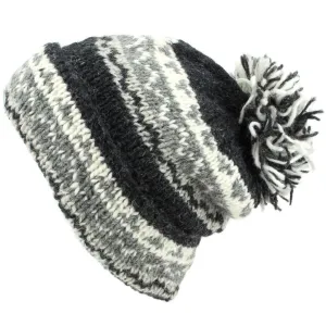 Chunky Wool Knit Baggy Slouch Beanie Bobble Hat - Grey