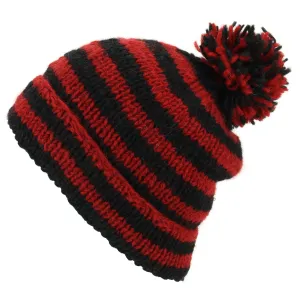 Chunky Wool Knit Beanie Bobble Hat - Stripe Red Black