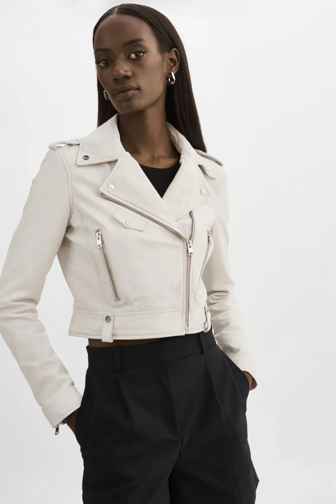 Ciara Leather Crop Moto Jacket - White