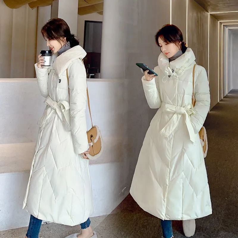 Cinched Waist Full-Length Puffer Coat