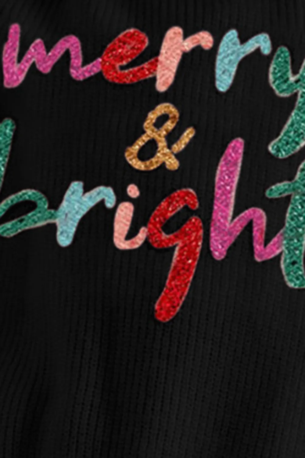 Colorful Holiday Ribbed Round Neck Sweater with cutesy Cursive lettering says "merry & bright"