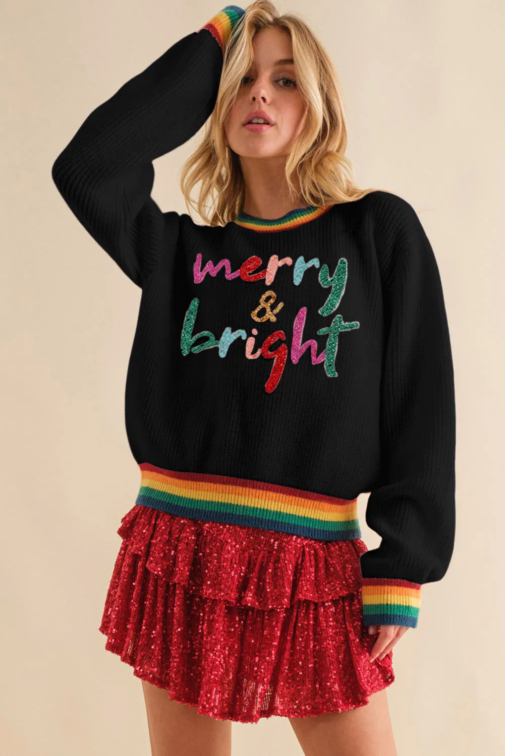 Colorful Holiday Ribbed Round Neck Sweater with cutesy Cursive lettering says "merry & bright"