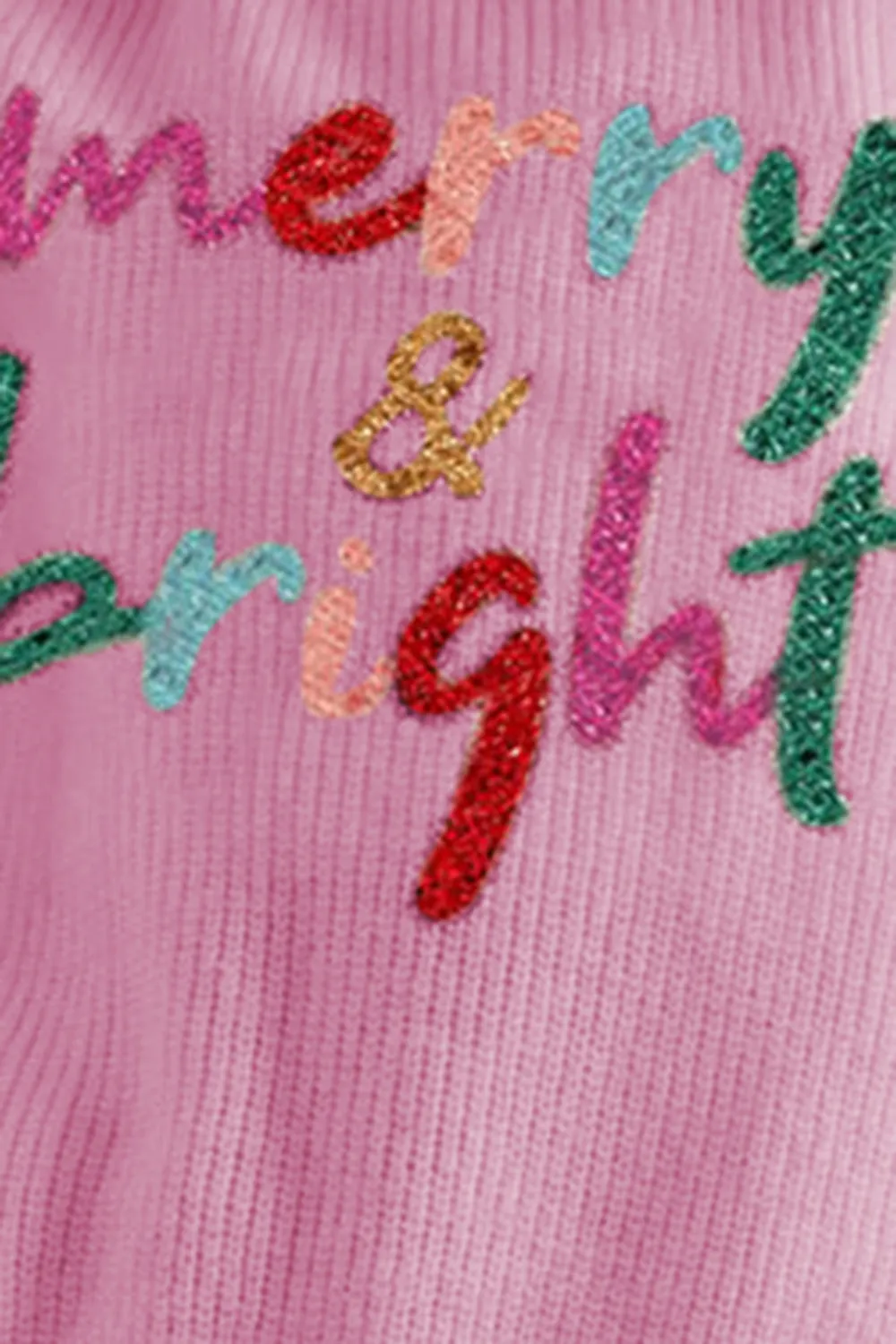 Colorful Holiday Ribbed Round Neck Sweater with cutesy Cursive lettering says "merry & bright"