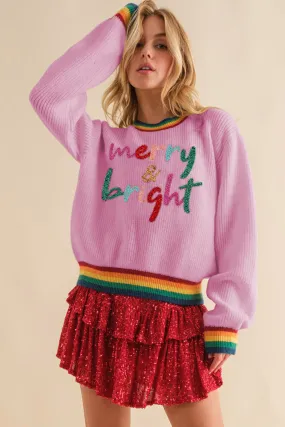 Colorful Holiday Ribbed Round Neck Sweater with cutesy Cursive lettering says "merry & bright"