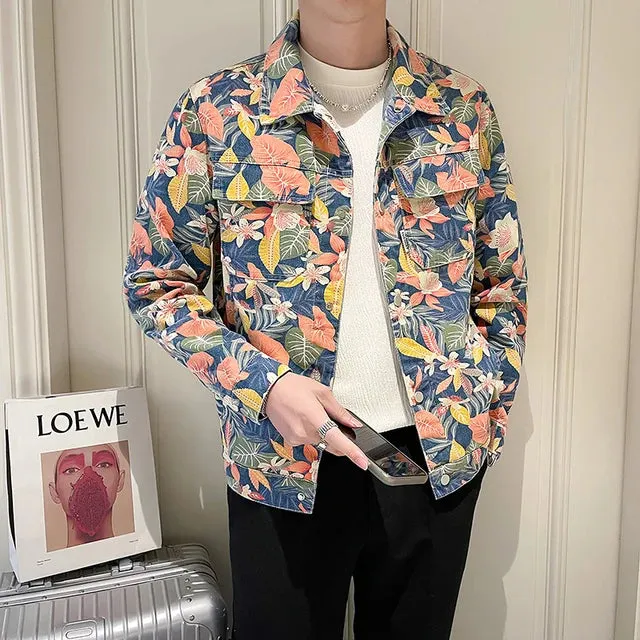 Colorful Leaves Print Denim Jacket