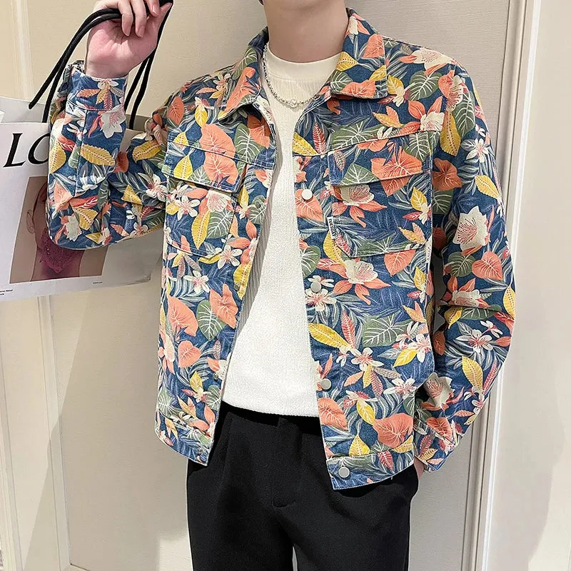 Colorful Leaves Print Denim Jacket