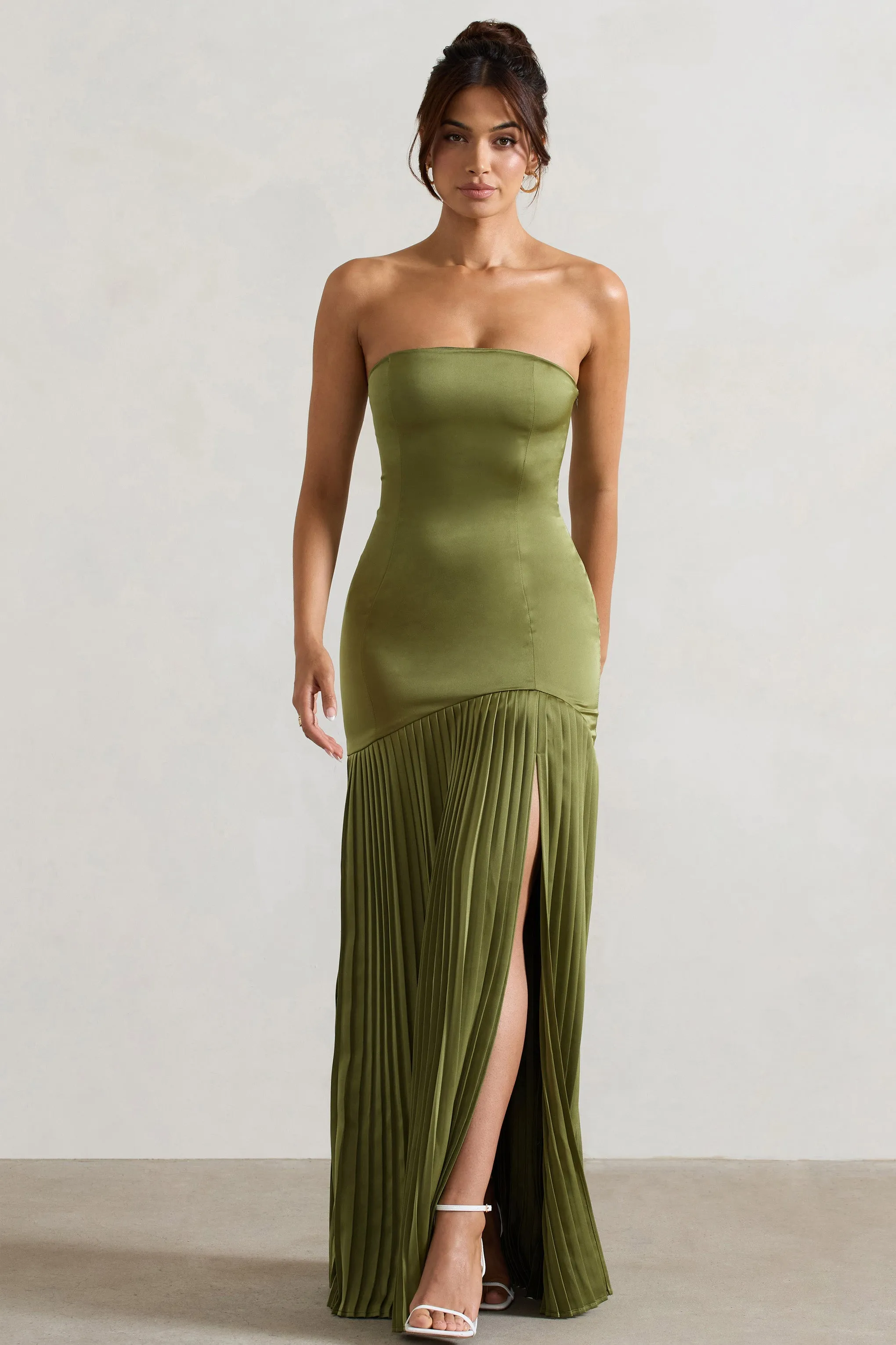 Confidence | Olive Satin Bandeau Pleated Split Maxi Dress