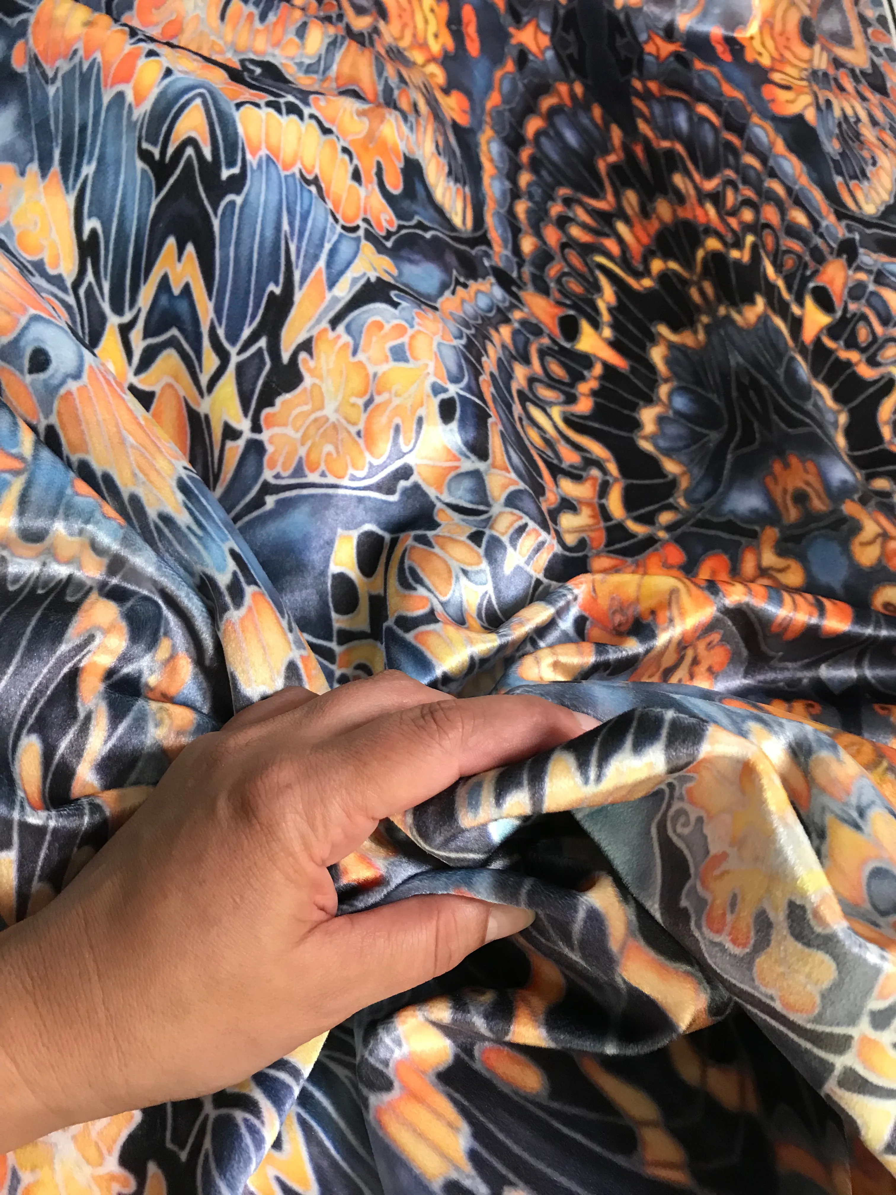 Contemporary Charcoal Orange Butterfly Moth Designer Luxury Velvet fabric for curtains, upholstery and soft furnishings