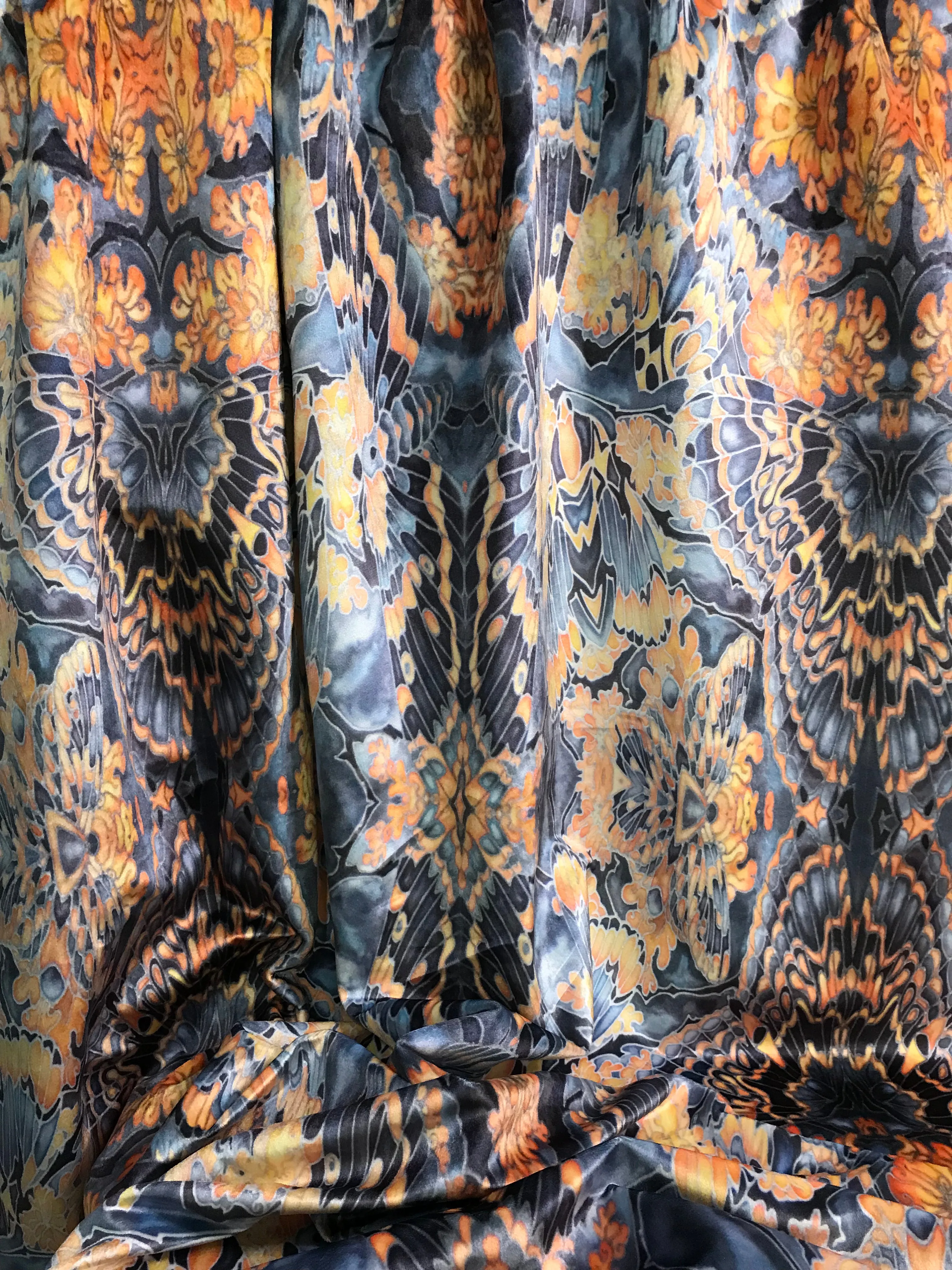 Contemporary Charcoal Orange Butterfly Moth Designer Luxury Velvet fabric for curtains, upholstery and soft furnishings