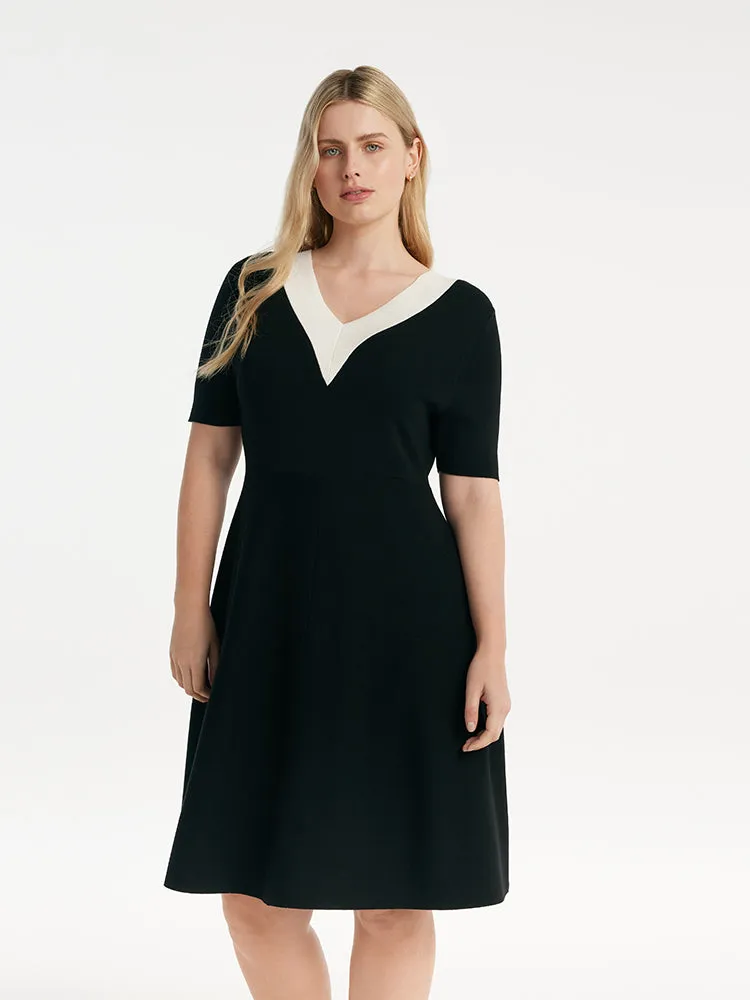 Contrast V-Neck Slim Knitted Women Midi Dress