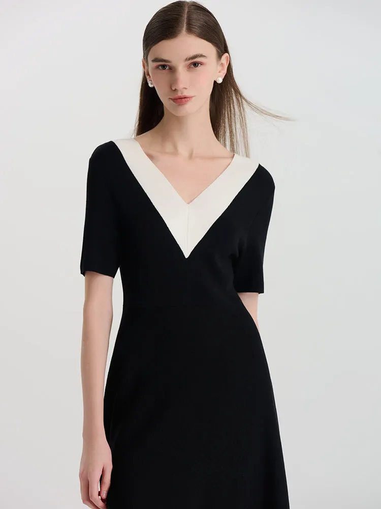 Contrast V-Neck Slim Knitted Women Midi Dress