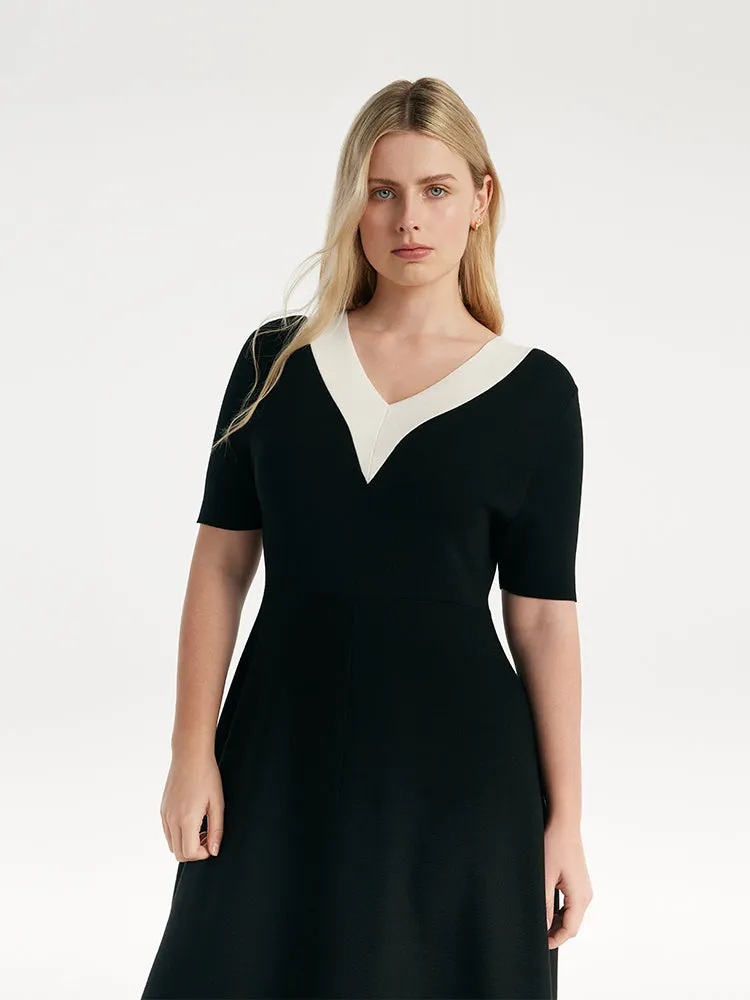 Contrast V-Neck Slim Knitted Women Midi Dress