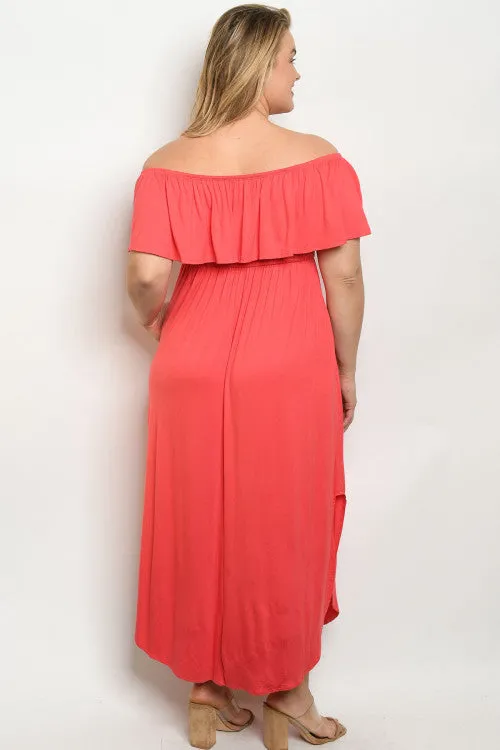 Coral Pink Cold Shoulder Plus Size Maxi Dress