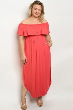 Coral Pink Cold Shoulder Plus Size Maxi Dress