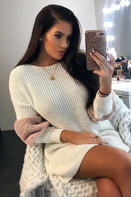 Cream Chunky Knit Fur Sleeve Jumper Dress - Jaycee