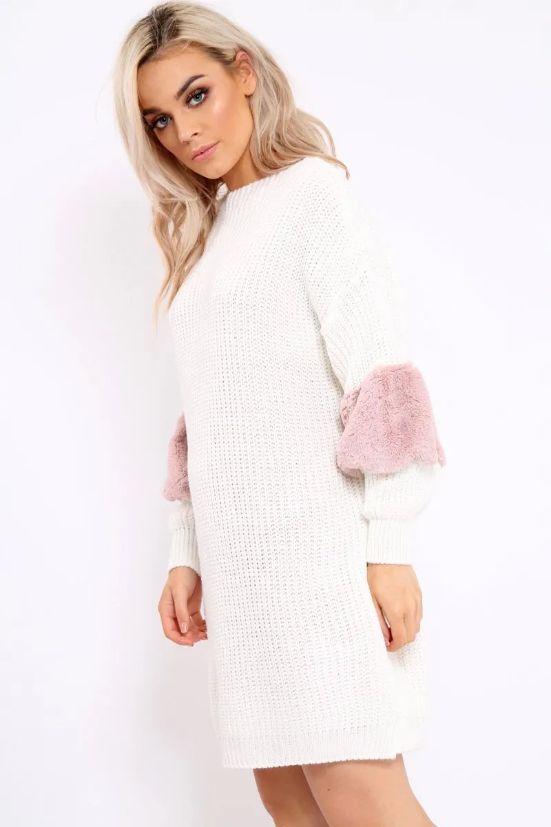 Cream Chunky Knit Fur Sleeve Jumper Dress - Jaycee