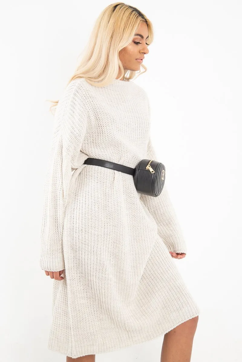 Cream Chunky Knit Slash Neck Jumper Dress - Hessie