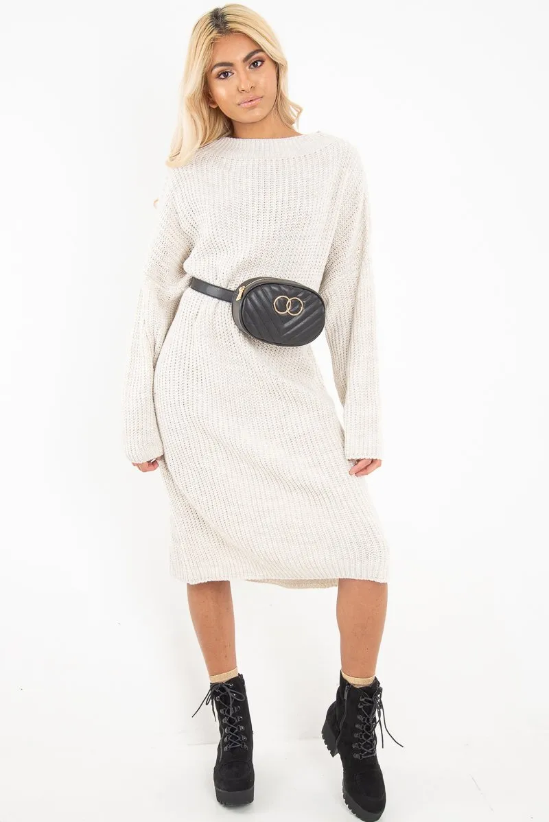 Cream Chunky Knit Slash Neck Jumper Dress - Hessie